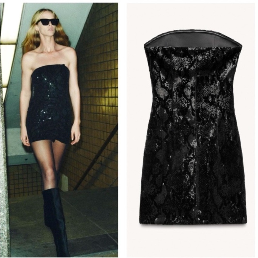 Zara Strapless Black Sequin Mini Dress size Medium